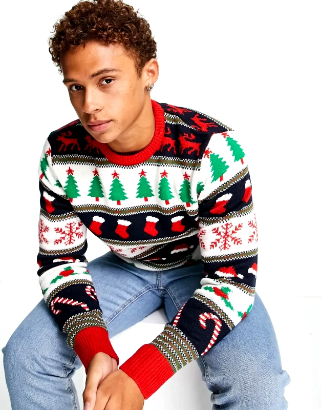 Brave Soul Brave Soul Christmas crew neck jumper in red multi