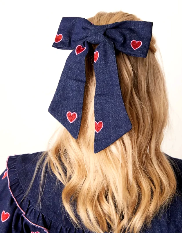 sister jane Sister Jane heart embroidered denim hair bow in blue