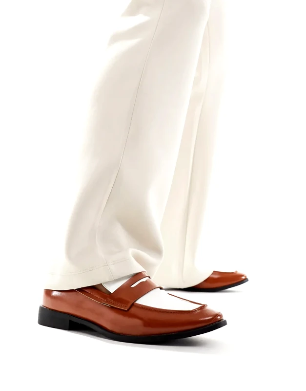 London Rebel X London Rebel X penny loafers in chestnut brown and white