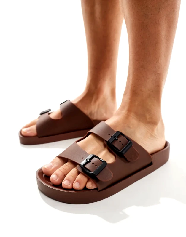 London Rebel X London Rebel X wide fit jelly buckle sliders in tan-Brown