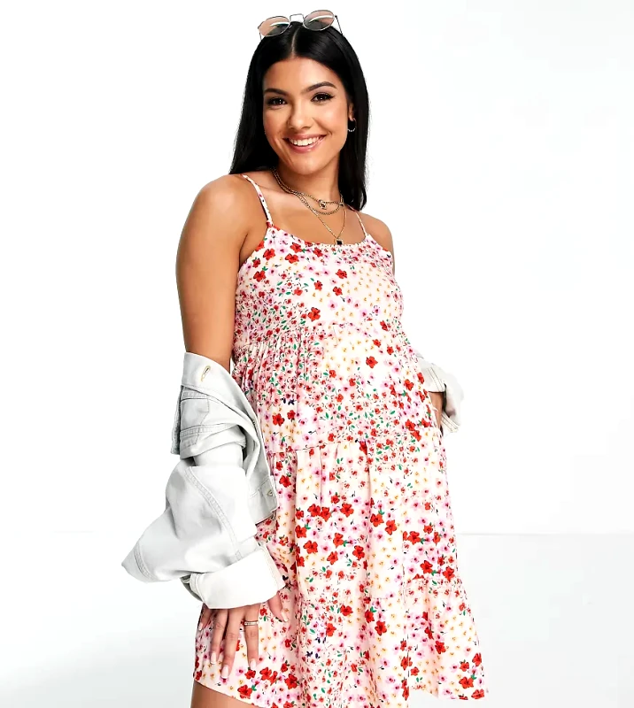 Wednesday's Girl Maternity Wednesday's Girl Maternity tiered mini cami dress in pink ditsy floral-Multi