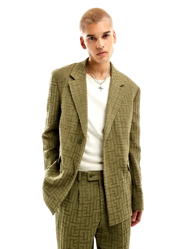 Viggo Viggo malacia checked oversized suit jacket in khaki-Green