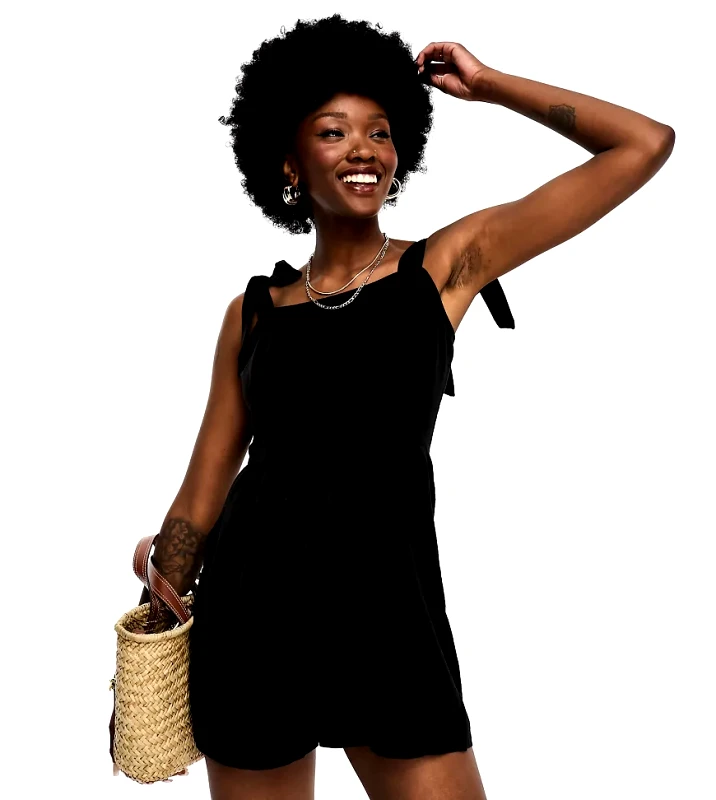 Influence Tall Influence Tall linen blend tie strap playsuit in black