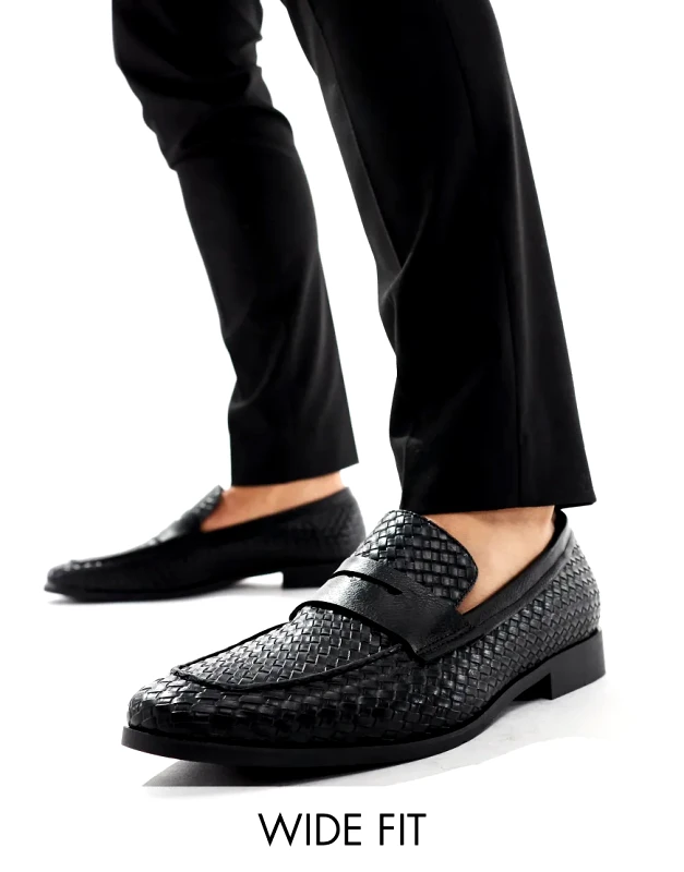 London Rebel X London Rebel X wide fit faux leather woven loafers in black