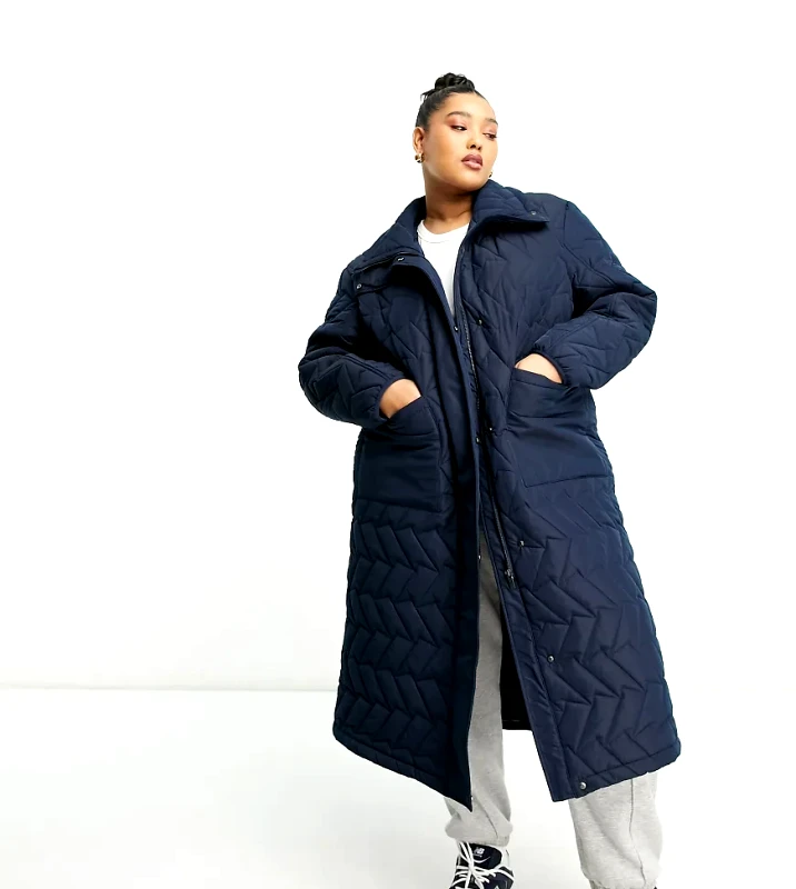 Urbancode Curve Urban Code Plus longline puffer coat with zigzag quilt in navy