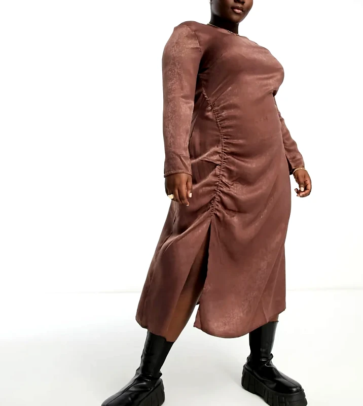 Violet Romance Curve Violet Romance Plus satin ruched side midi dress in brown