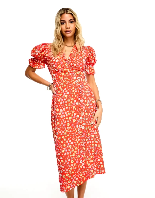 Influence Influence wrap front midi dress in red floral print