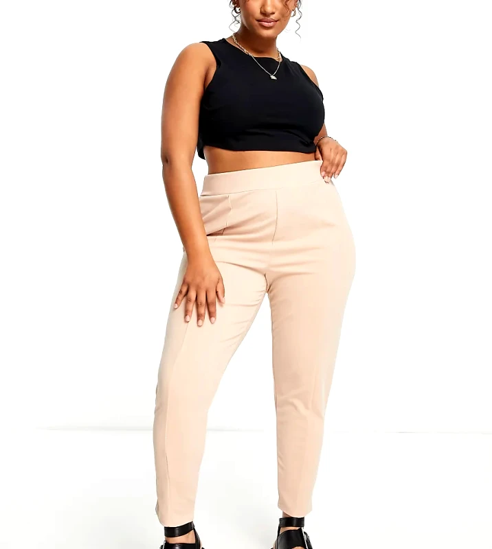 Yours Yours skinny tapered trousers in stone-Neutral