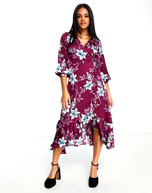 Liquorish Liquorish satin wrap midi dress with puff sleeve in wine placement floral-Red