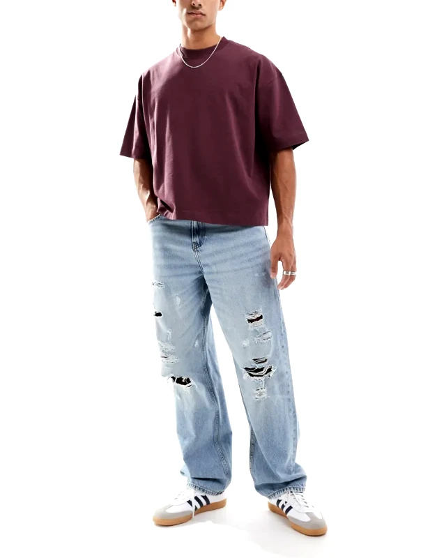 ASOS DESIGN ASOS DESIGN baggy jeans with rips in light wash-Blue