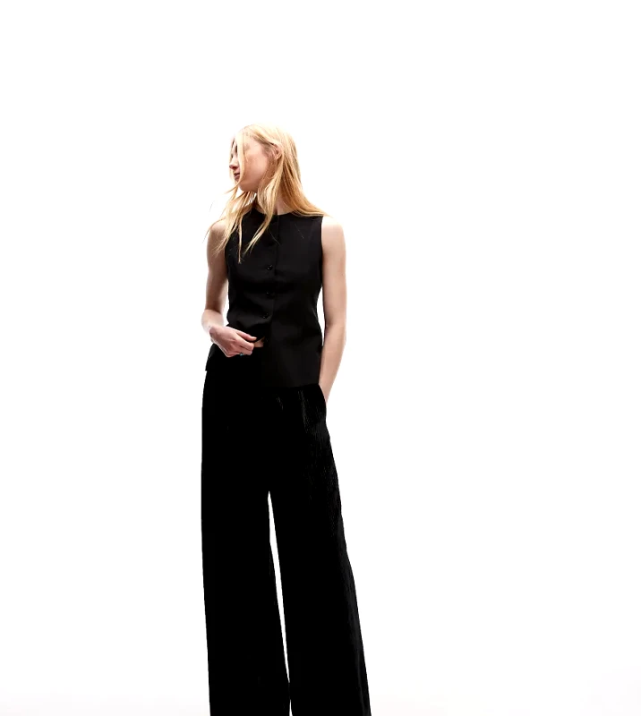 Topshop Tall Topshop Tall crushed velvet wide leg trouser with skinny waistband in black