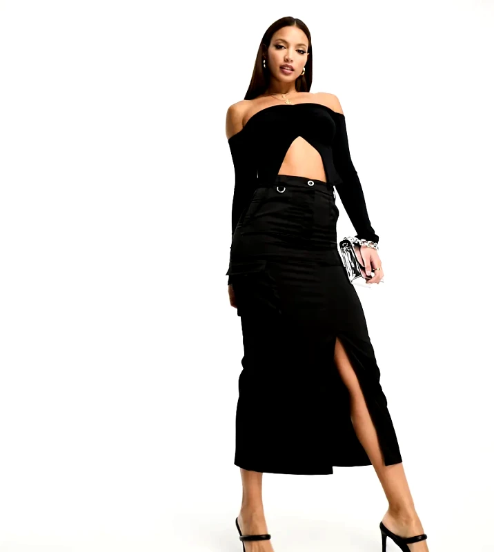 NaaNaa Tall NaaNaa Tall satin midi skirt with cargo pockets in black