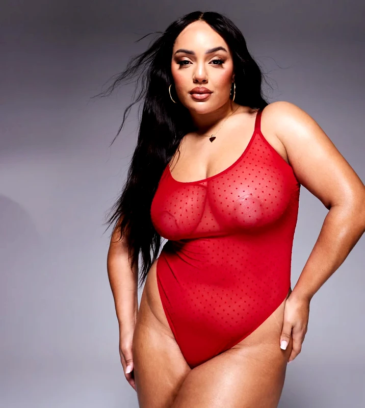 ASOS Curve ASOS DESIGN Curve Lara spot mesh & lace soft body in red
