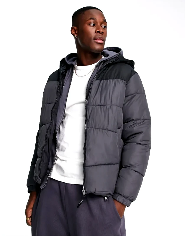 Jack & Jones Jack & Jones Originals puffer jacket with hood in dark grey colourblock