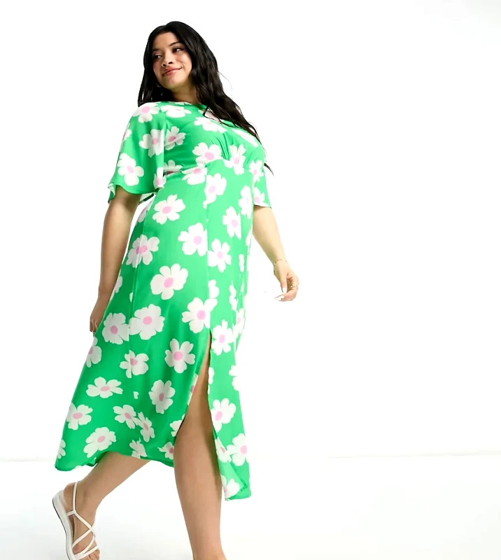 Influence Plus Influence Plus flutter sleeve midi tea dress in green floral print