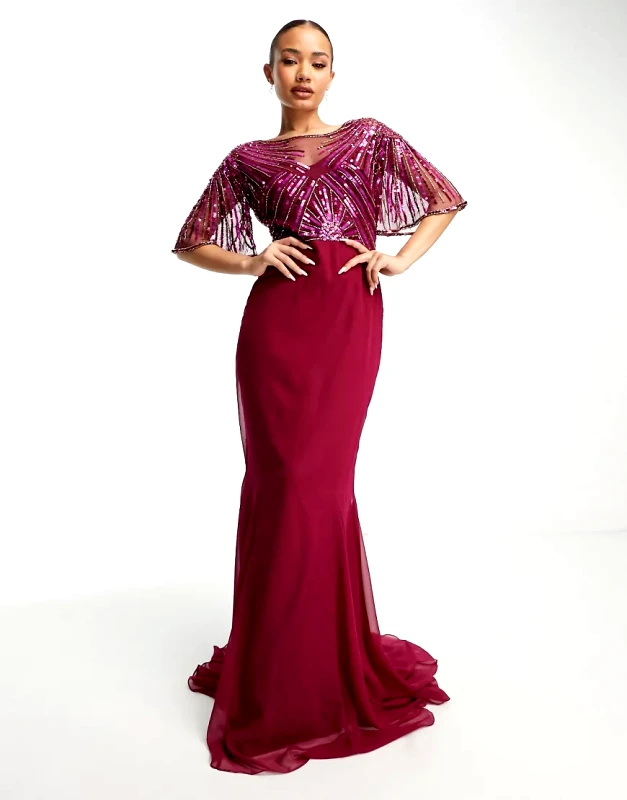 Virgos Lounge Virgos Lounge embellished short sleeve maxi dress in magenta-Pink