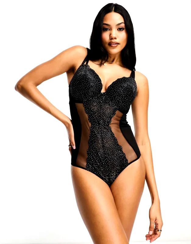 Gossard Gossard Glitter underwired plunge lace body with mesh insert in black