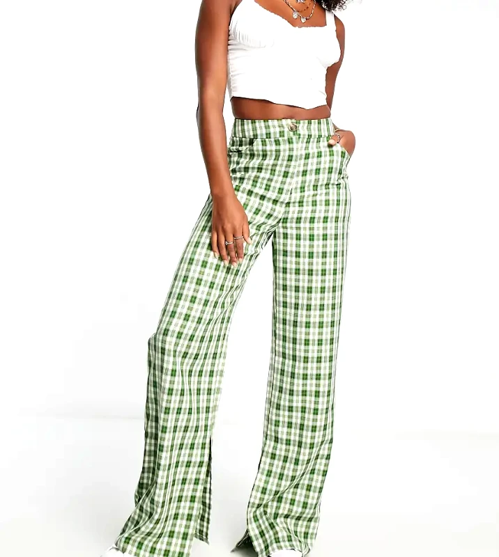 Urban Threads Petite Urban Threads Tall wide leg trousers co-ord in green check
