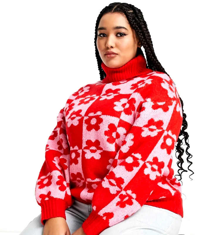 Violet Romance Curve Violet Romance Plus oversized roll neck jumper in floral check-Multi