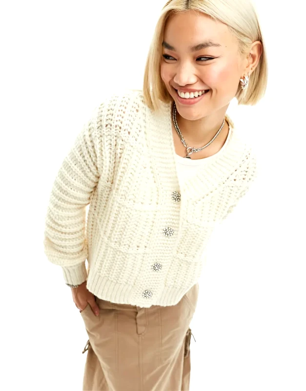 Vero Moda Vero Moda knitted cardigan with diamonte buttons in cream-White