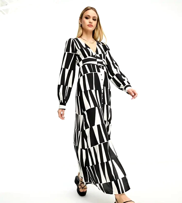 Object Tall Object Tall button through midi dress in mono abstract print-Multi