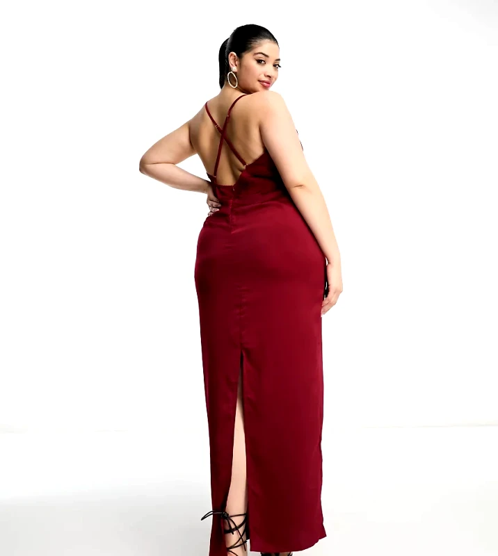 NaaNaa Plus NaaNaa Plus cowl neck satin prom maxi dress in burgundy-Red
