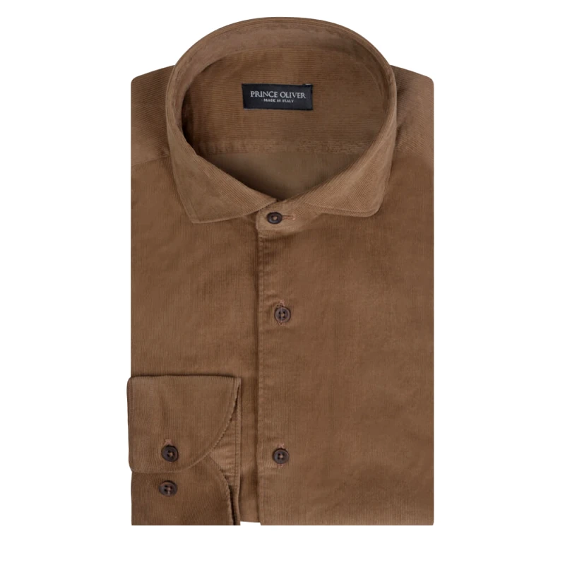 Prince Oliver Superior Πουκάμισο Κοτλέ Καφέ (Modern Fit) 100% Fine Cotton New Arrival