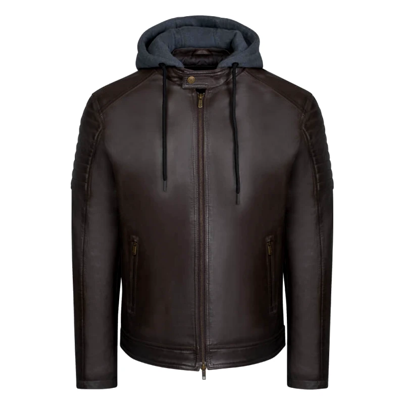 Prince Oliver Hooded Racer Δερμάτινο Καφέ 100% Leather Jacket (Modern Fit) New Arrival
