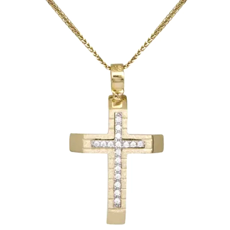Βαπτιστικοί Σταυροί με Αλυσίδα Σταυρός με γραμμές Κ14 με ζιργκόν πέτρες σετ με αλυσίδα 030971C 030971C Χρυσός 14 Καράτια