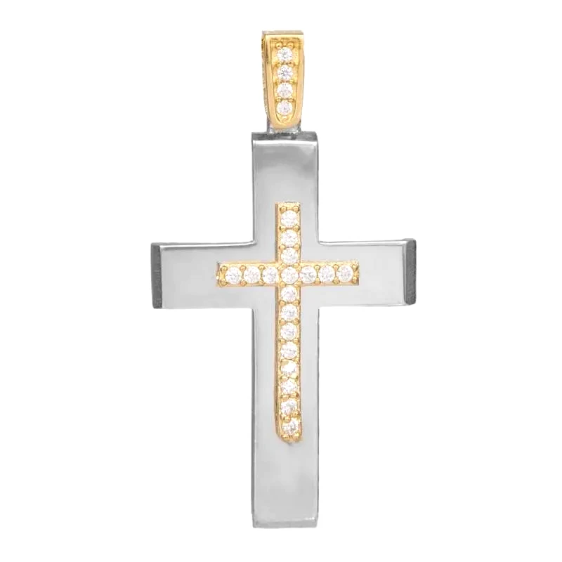 Σταυροί Βάπτισης - Γάμου Δίχρωμος γυναικείος σταυρός Κ14 με ζιργκόν 049140 049140 Χρυσός 14 Καράτια
