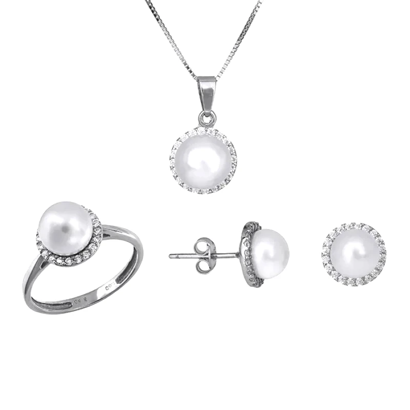 Λευκόχρυσο σετ Κ14 μαργαριτάρι και ζιργκόν SET006726C SET006726C Χρυσός 14 Καράτια