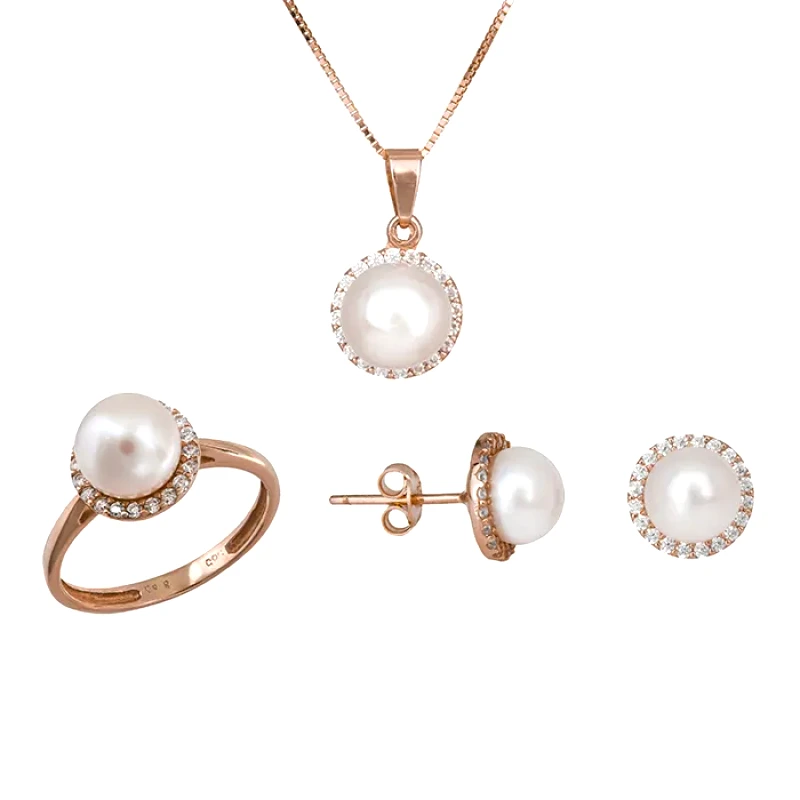 Γυναικείο σετ γάμου- αρραβώνα Κ14 ροζ gold με μαργαριτάρι SET020938C SET020938C Χρυσός 14 Καράτια