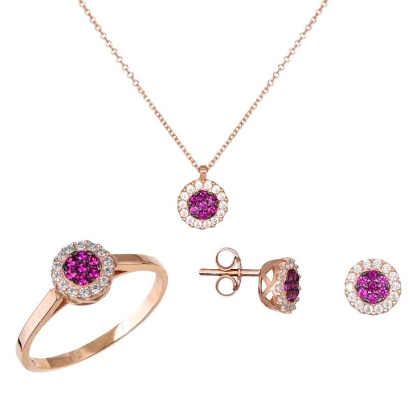 Pink gold σετ αρραβώνα 14 καρατίων ροζέτες με φούξια ζιργκονάκια SET035579 SET035579 Χρυσός 14 Καράτια