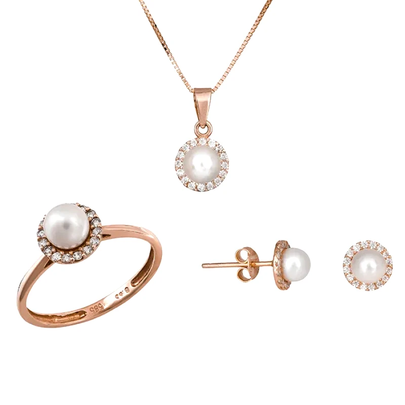 Ροζ gold σετ γάμου- αρραβώνα Κ14 με μαργαριτάρι SET020937C SET020937C Χρυσός 14 Καράτια