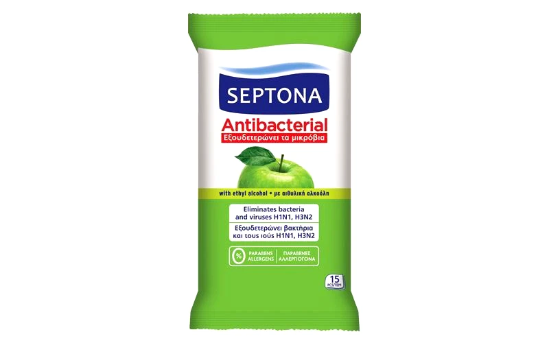 Septona Septona Αντιβακτηριδιακά Μαντηλάκια Refresh Πράσινο Μήλο-15Τμχ (1108030015043)