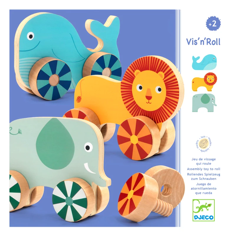 Djeco Ξύλινο εκπαιδευτικό παιχνίδι λεπτής κινητικότητας Βιδώνω ρόδες στα ζωάκια