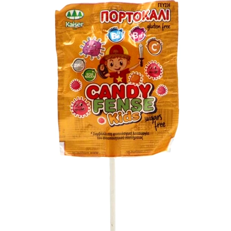 Kaiser Kaiser Candyfense Kids Lollipop with Vitamins Γλειφιτζούρι Εμπλουτισμένο με Βιταμίνες & Πλούσια Γεύση 1 Τεμάχιο - Πορτοκάλι