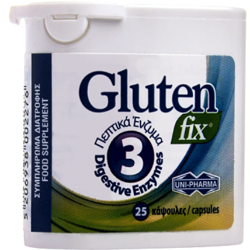 Uni-Pharma Uni-Pharma Gluten Fix, Συμπλήρωμα Διατροφής που Υποστηρίζει τη Διαδικασία της Πέψης με 3 Πεπτικά Ένζυμα 25κάψουλες