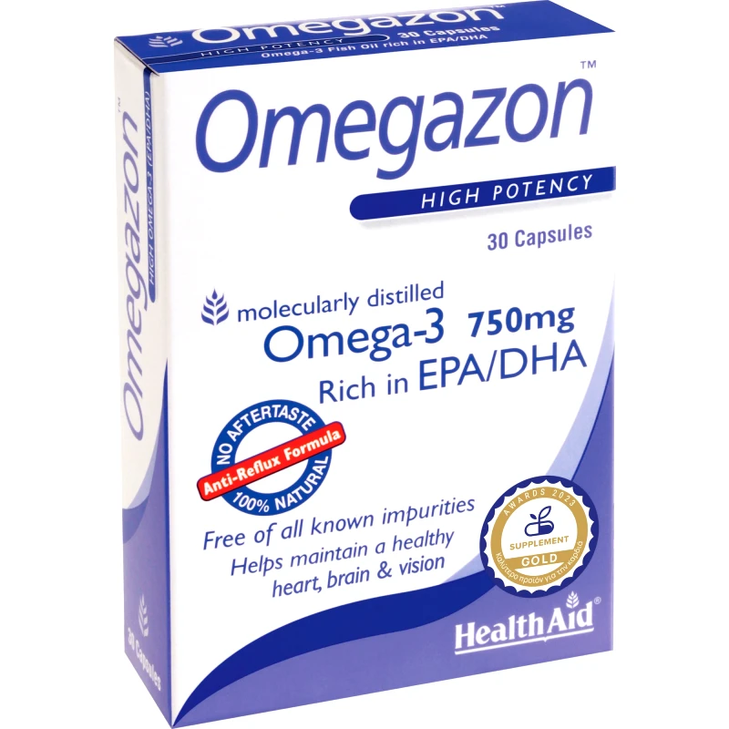 Health Aid Health Aid Omegazon Omega-3 750mg Συμπλήρωμα Διατροφής Συμπυκνωμένου Ιχθυελαίου Πλούσιο σε Ωμέγα 3 & Βιταμίνη Ε για την Καλή Λειτουργία του Καρδιαγγειακού Συστήματος, Ομαλή Αρτηριακή Πίεση & Καλή Όραση Χωρίς Επίγευση Ψαριού 30caps