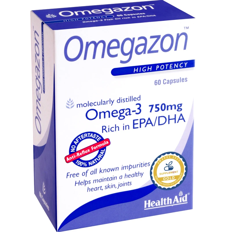 Health Aid Health Aid Omegazon Omega-3 750mg Συμπλήρωμα Διατροφής Συμπυκνωμένου Ιχθυελαίου Πλούσιο σε Ωμέγα 3 & Βιταμίνη Ε για την Καλή Λειτουργία του Καρδιαγγειακού Συστήματος, Ομαλή Αρτηριακή Πίεση & Καλή Όραση Χωρίς Επίγευση Ψαριού 60caps