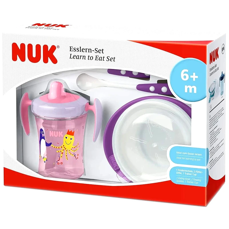 Nuk Nuk Learn to Eat Set 6m+ Ροζ - Μωβ Εκπαιδευτικό Σετ Φαγητού 1 Τεμάχιο, Κωδ 10225272