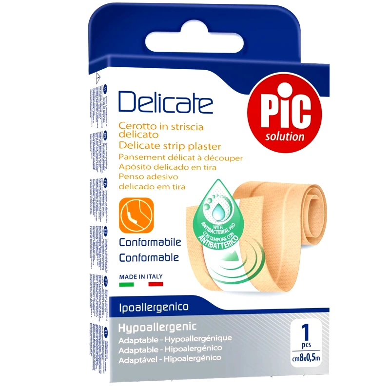 Pic Pic Solution Delicate Strip Plaster 8cm x 0.5m Απαλό Υποαλλεργικό Αυτοκόλλητο Επίθεμα 1 Τεμάχιο