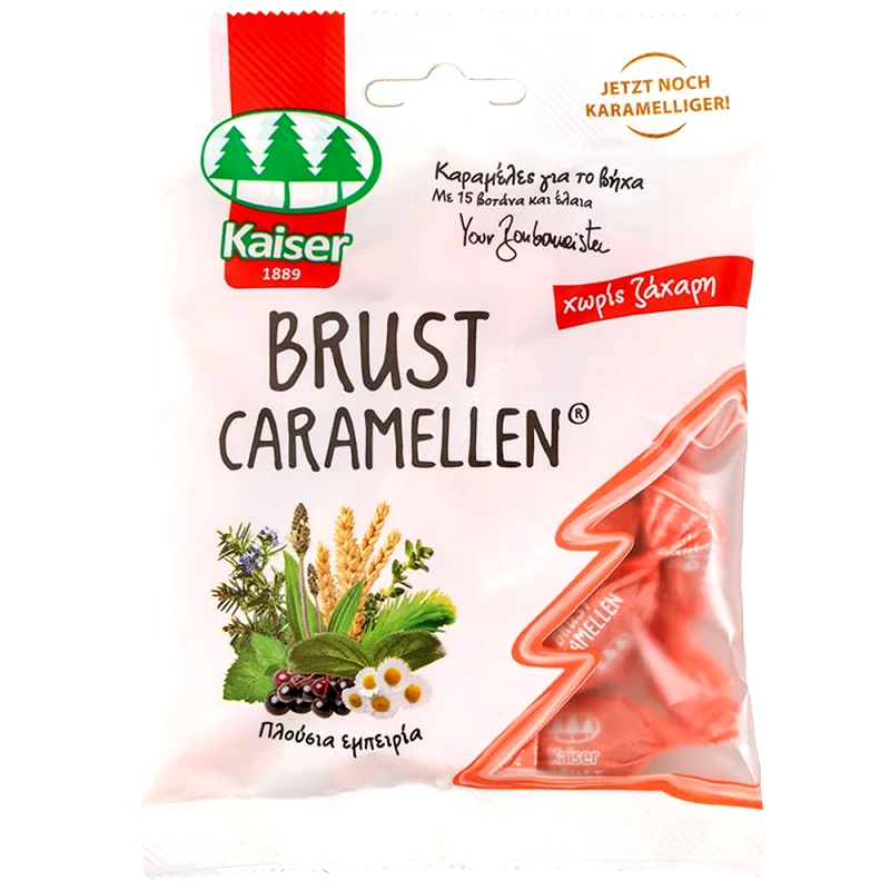 Kaiser Kaiser Brust Caramellen Καραμέλες για τον Ερεθισμένο Λαιμό & τον Βήχα Χωρίς Ζάχαρη με 15 Βότανα & Έλαια 75g
