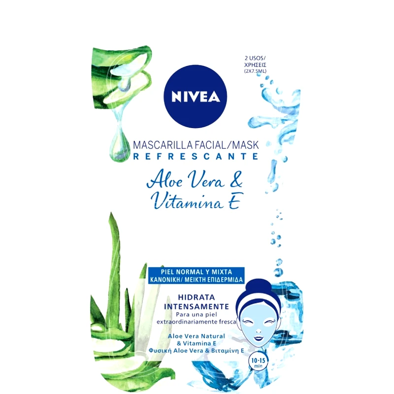 Nivea Nivea Refreshing Moisture Face Mask with Aloe Vera & Vitamin E, 2 Τεμάχια,Ενυδατική Μάσκα Προσώπου με Αλόη & Βιταμίνη Ε για Κανονικές / Μικτές Επιδερμίδες