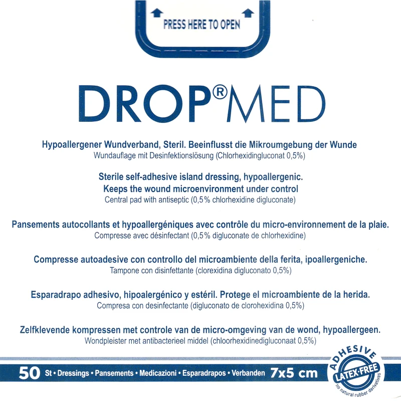 Master Aid Master Aid Drop Med Sterile Self-adhesive Island Dressing 7cm x 5cm Αποστειρωμένες Αυτοκόλλητες Αντικολλητικές Γάζες σε Λευκό Χρώμα 50 Τεμάχια