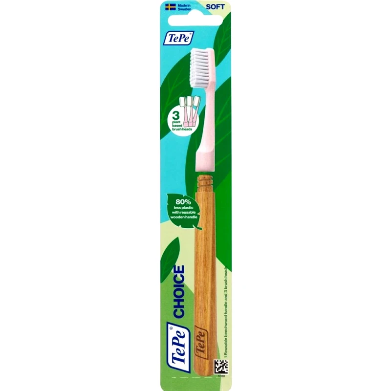 Tepe Tepe Choice Soft Toothbrush with Reusable Wooden Handle & Plant Based Brush Heads Μαλακή Οδοντόβουρτσα με Επαναχρησιμοποιήσιμη Ξύλινη Λαβή & 3 Ανταλλακτικές Κεφαλές 1 Τεμάχιο - Ροζ