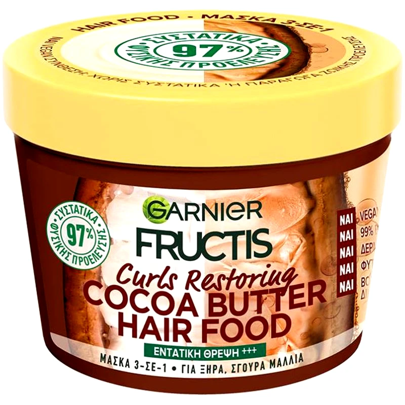 Garnier Garnier Fructis Hair Food Curls Restoring Mask with Cocoa Butter Μάσκα Μαλλιών Εντατικής Θρέψης 3 σε 1 με Βούτυρο Κακάο για Ξηρά, Σγουρά Μαλλιά 390ml
