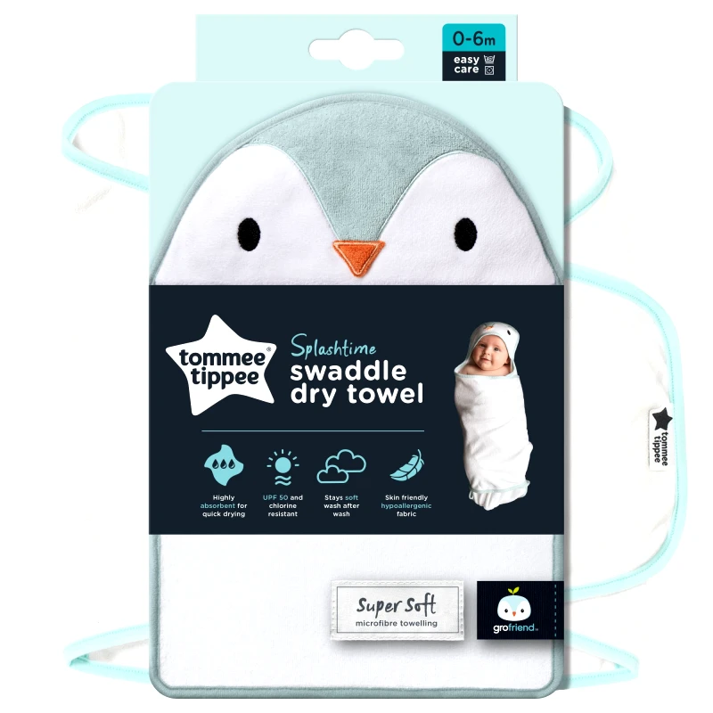 Tommee Tippee Tommee Tippee Splashtime Swaddle Dry Towel Κωδ CAA1017 Πετσέτα Μπάνιου με Κουκούλα, που Στεγνώνει Γρήγορα 0-6m 1 Τεμάχιο - Percy the Penguin