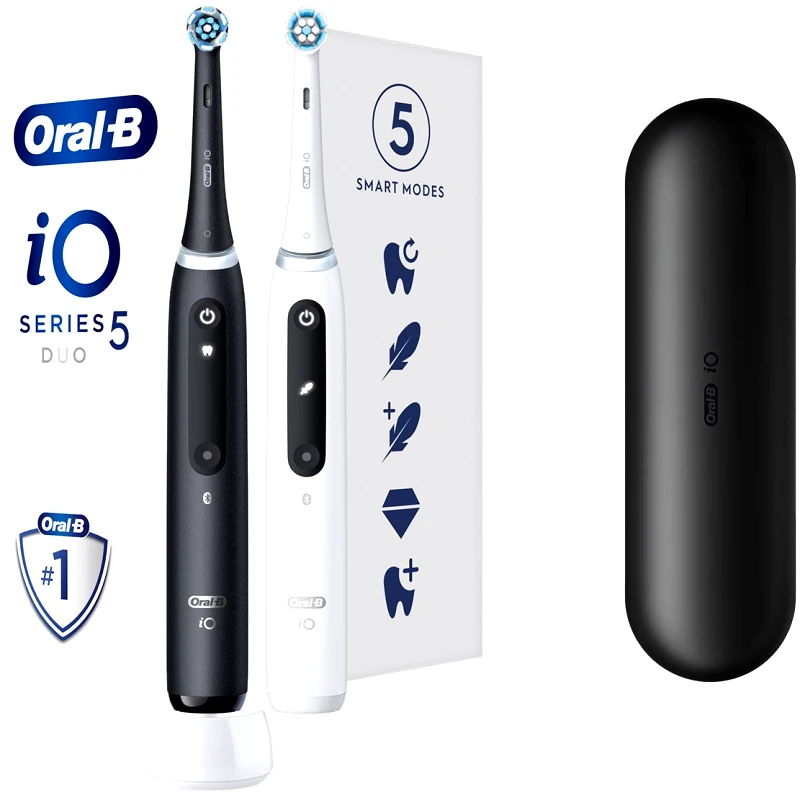 Oral-B Oral-B iO 5 DUO Electric Toothbrushes Black & White Ηλεκτρική Οδοντόβουρτσα με Επαναστατική iO Τεχνολογία Βουρτσίσματος για Επαγγελματικό Καθαρισμό 2 Τεμάχια
