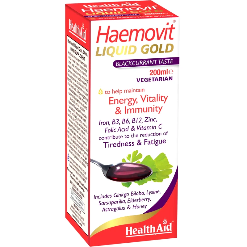 Health Aid Health Aid Haemovit Liquid Gold Συμπλήρωμα Διατροφής Εκχυλίσματος Βοτάνων, Βιταμινών & Μετάλλων Κατά της Κούρασης & Κόπωσης για Ενίσχυση της Διαδικασίας της Αιμοποίησης σε Πόσιμο Υγρό με Γεύση Μαύρης Σταφίδας 200ml
